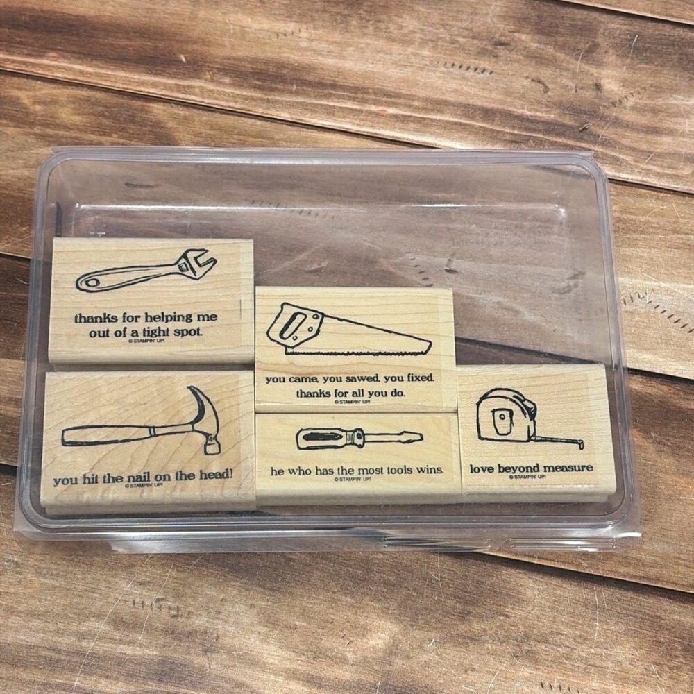 STAMPIN' UP! TOTALLY TOOL WOOD MOUNTED RUBBER STAMP SET OF 5 PUNS HAMMER SAW